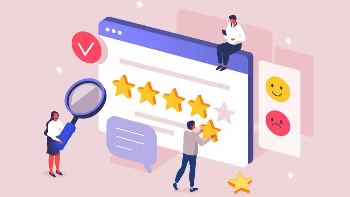 A graphic showing various review platform logos like Yelp, Facebook, and Google connected to SEO concepts.