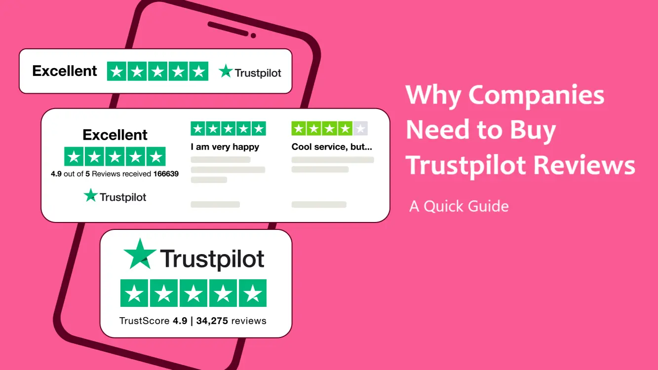 A laptop screen displaying a Trustpilot company profile with a 5-star rating and numerous positive reviews.